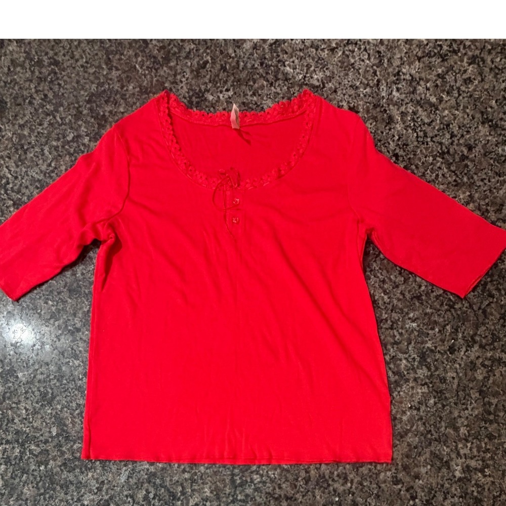 White Stag Women Red 100% Cotton 3/4 Sleeve Eyelet Lace Trim Top Size 8/10